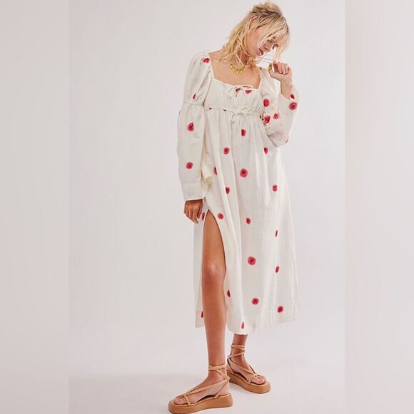 FREE PEOPLE Emory Embroidered Midi Dress in Ivory Combo NWOT